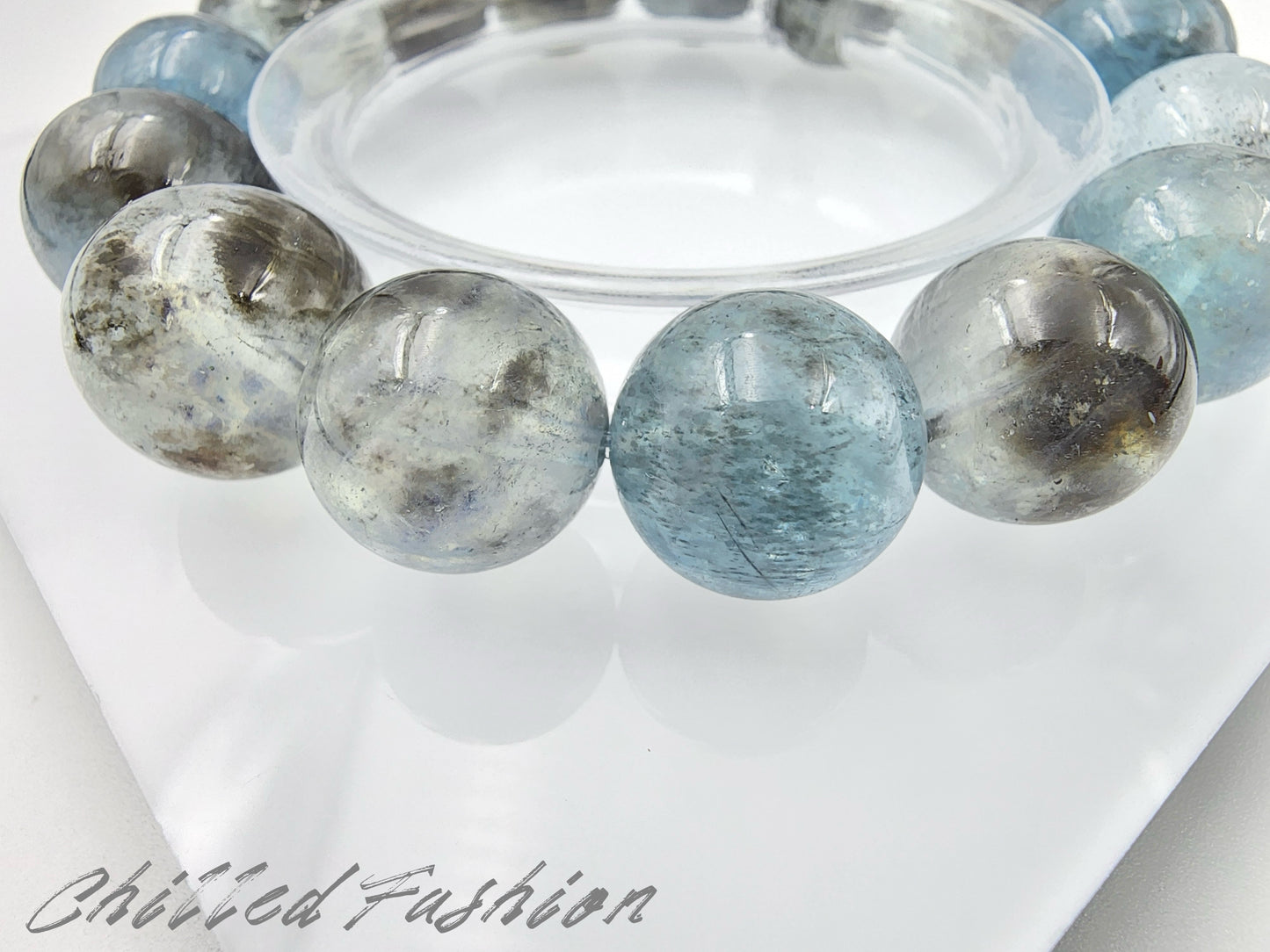 [Bracelet] Black Flash Aquamarine Gemstone Bracelet - 13.7mm to 15.5mm Beads
