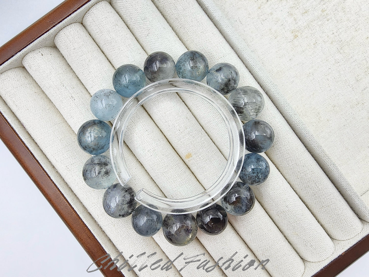 [Bracelet] Black Flash Aquamarine Gemstone Bracelet - 13.7mm to 15.5mm Beads