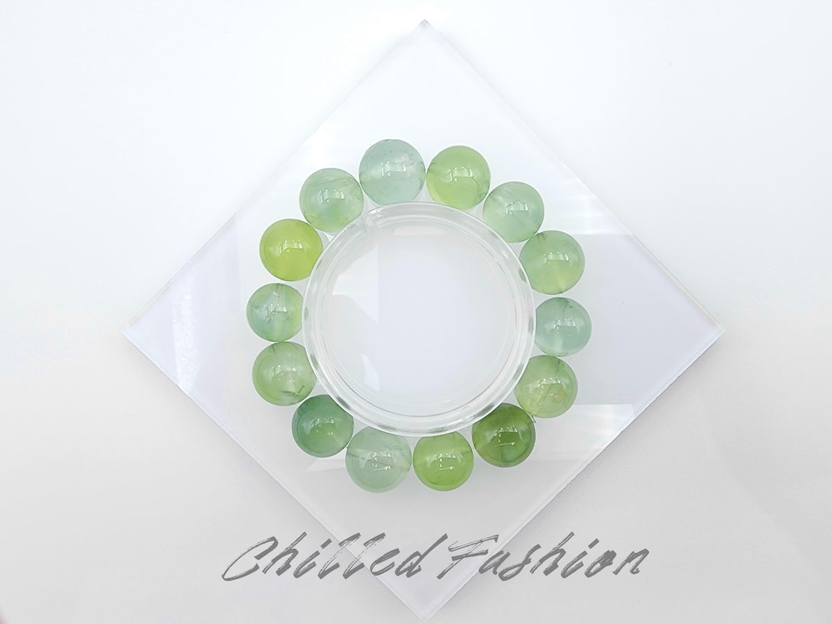Natural Prehnite Bracelet - 12.9mm to 14.6mm Beads