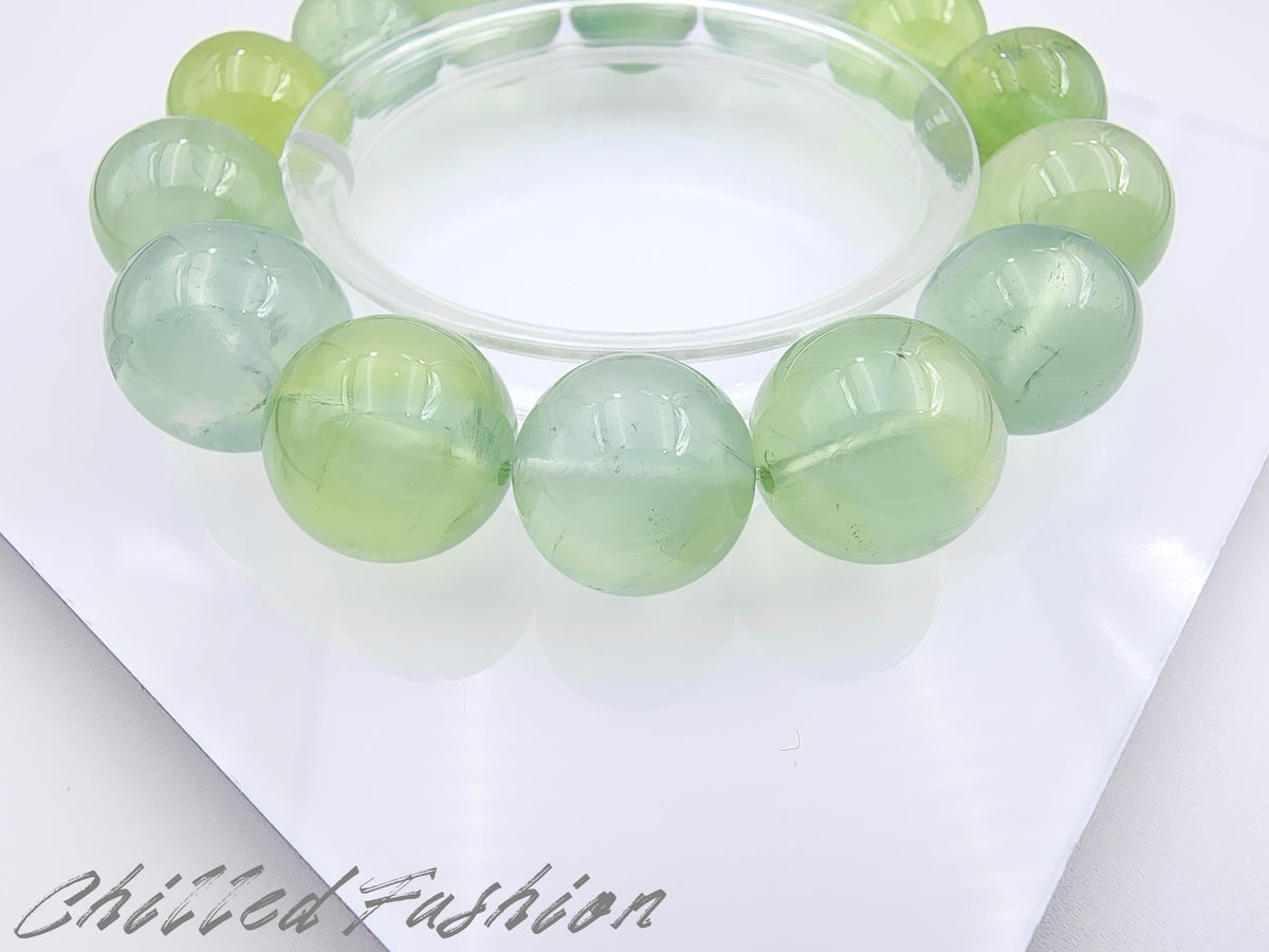 Natural Prehnite Bracelet - 12.9mm to 14.6mm Beads