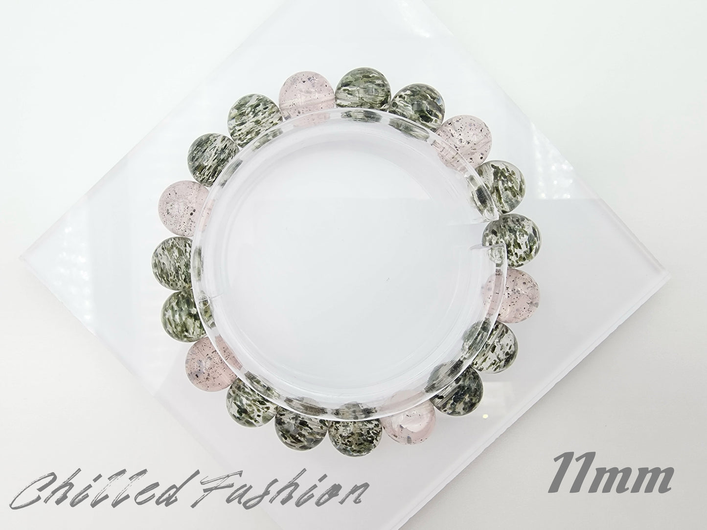 [Bracelet] Green Mica in Clear Quartz and Rose Quartz Beads Bracelet