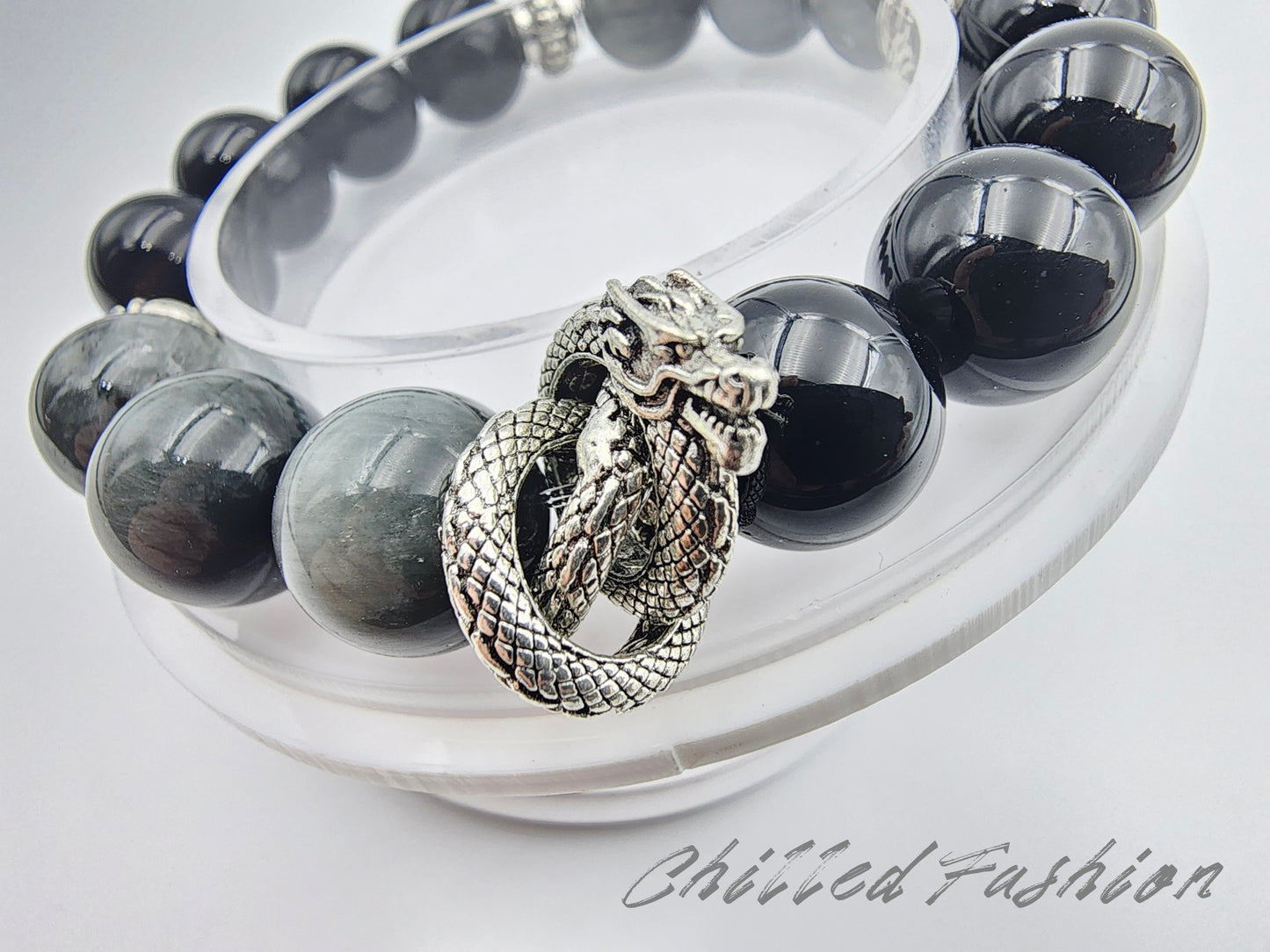 [Bracelet] Natural 12mm Hawk’s Eye and Obsidian Bracelet