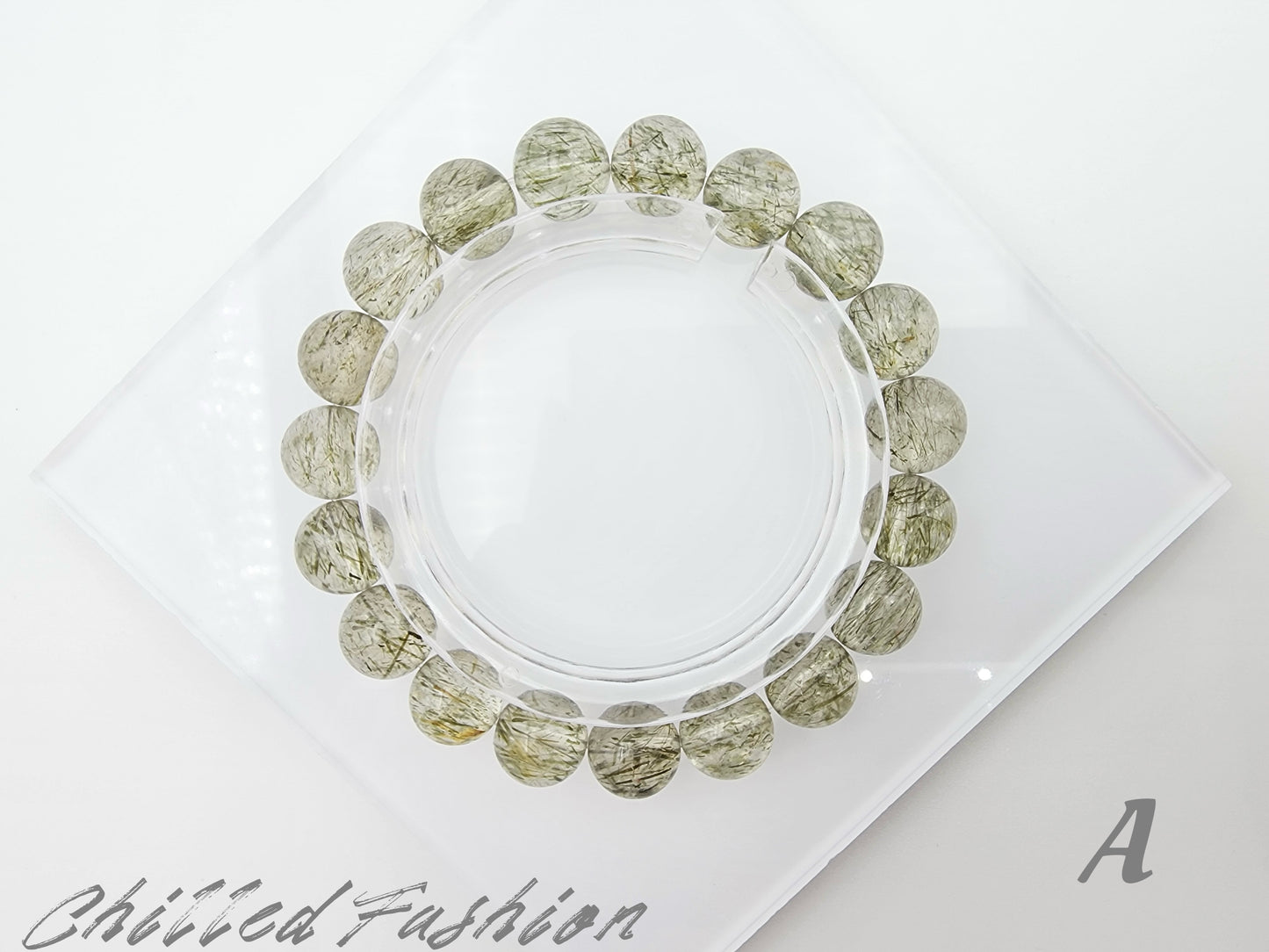 [Bracelet] 10mm Quartz Bracelet with Green Tourmaline Needles - Wealth & Abundance