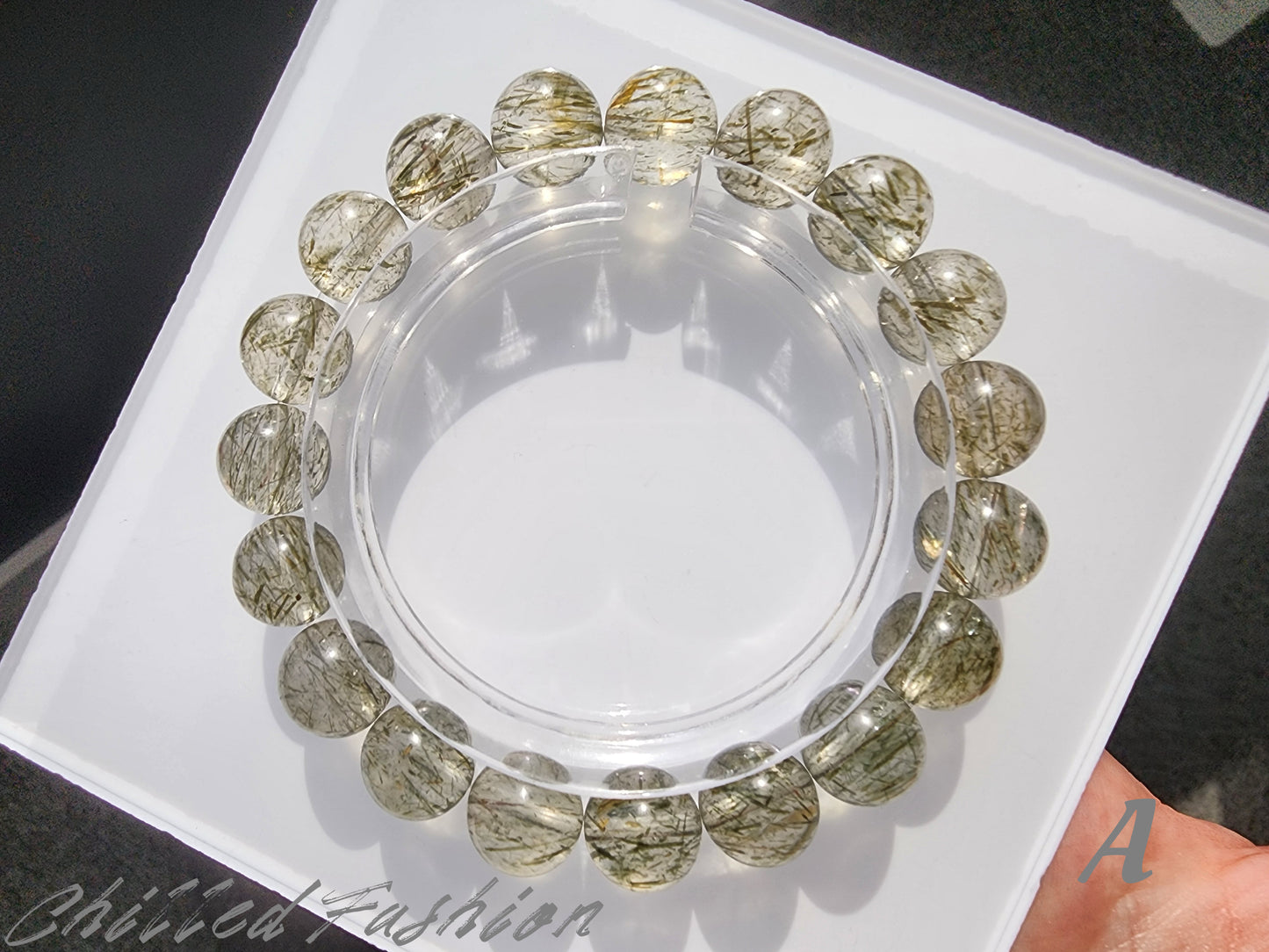 [Bracelet] 10mm Quartz Bracelet with Green Tourmaline Needles - Wealth & Abundance