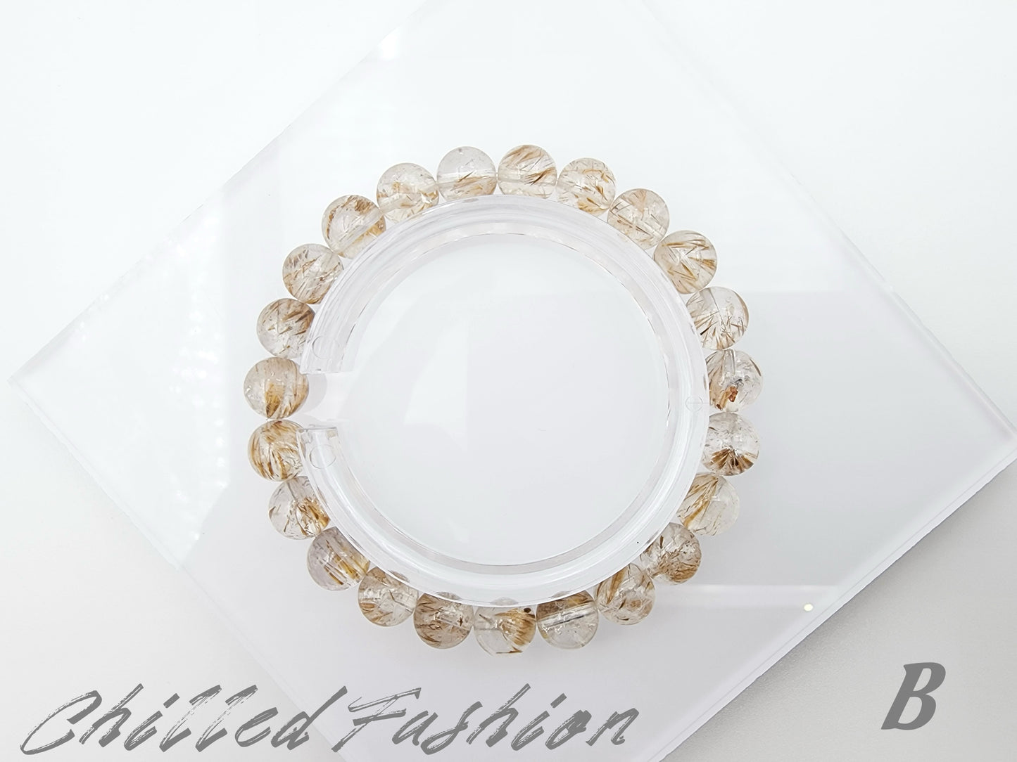 [Bracelet] 8mm Titanium Quartz Bracelet with Feather-Like Golden Rutile