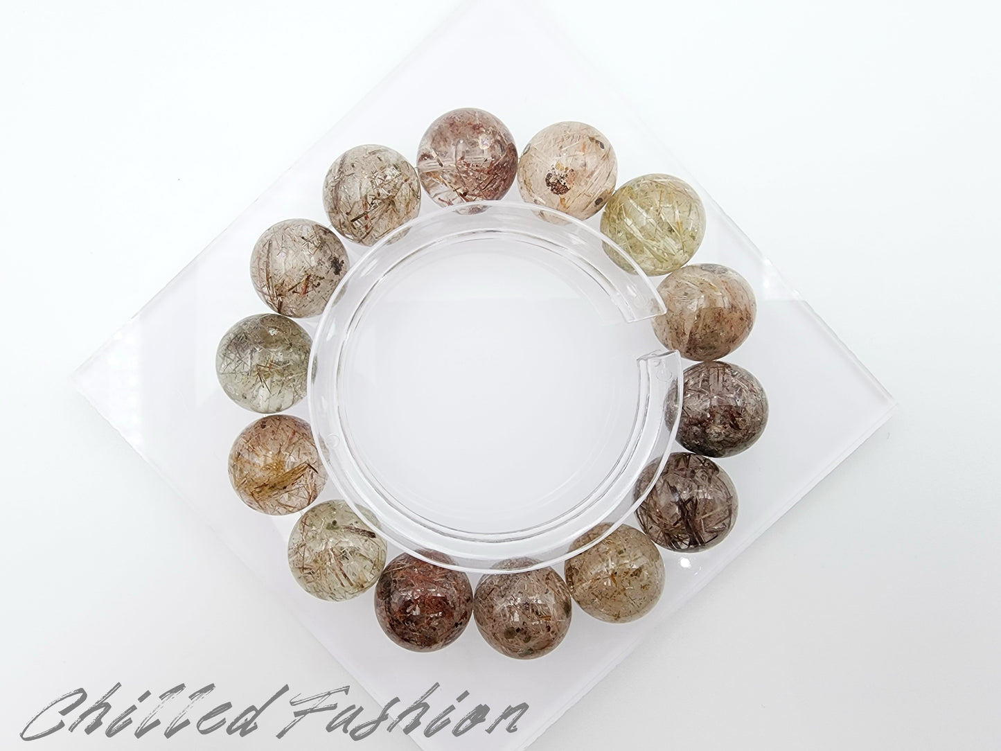 [Bracelet] 15mm Colorful Snow Frost Rutilated Quartz Bracelet