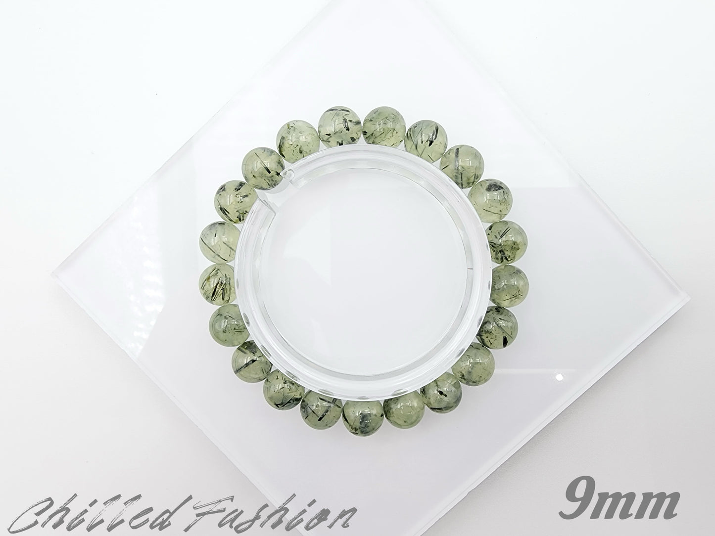 [Bracelet] Natural Prehnite with Black Rutiles Bracelet