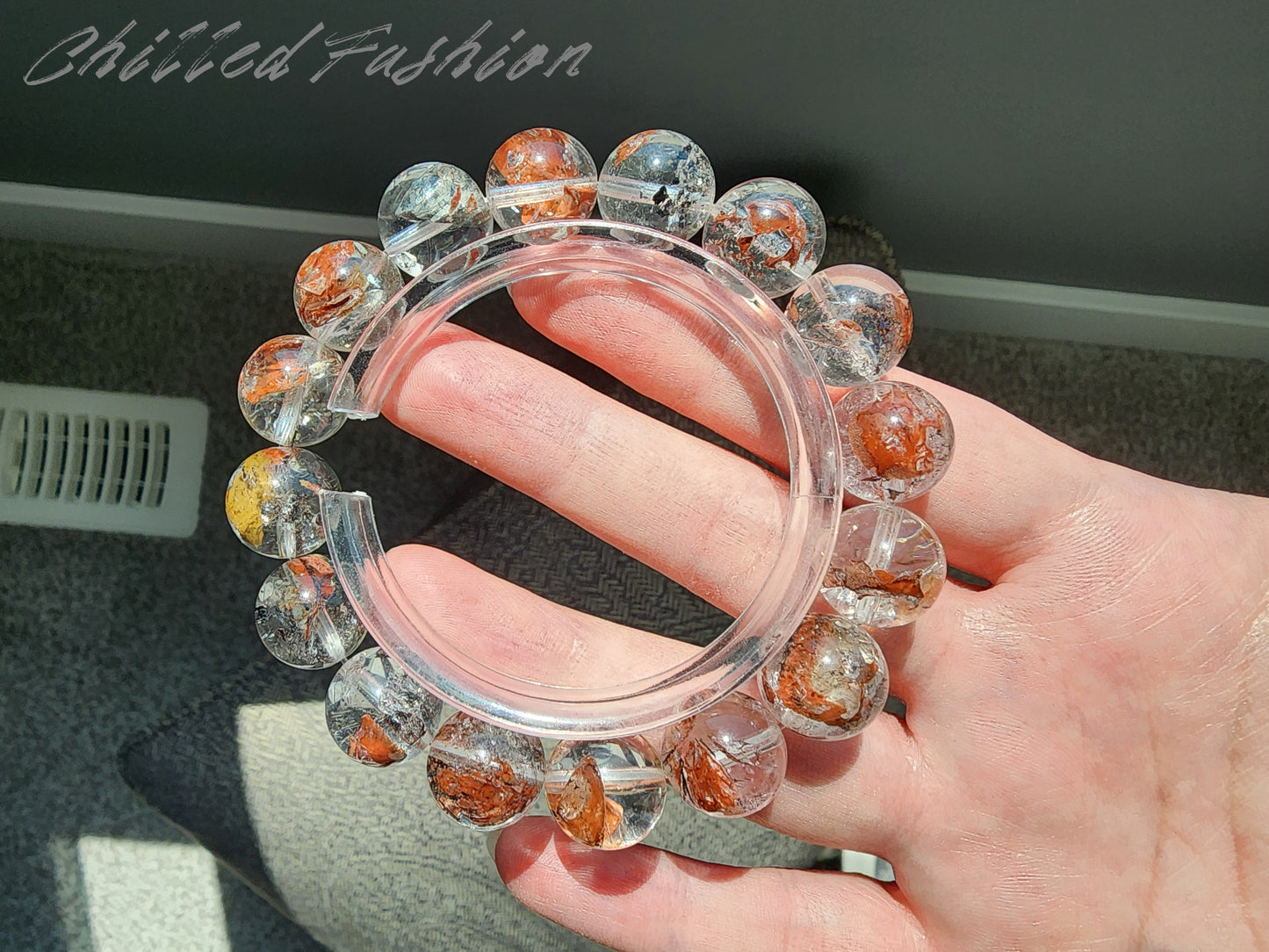 [Bracelet] 13mm Red Clay Skeletal Herkimer Quartz Bracelet (Madagascar)