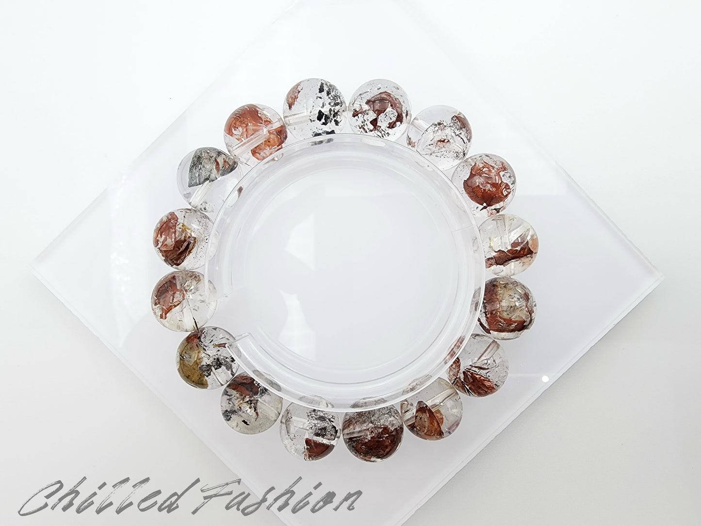 [Bracelet] 13mm Red Clay Skeletal Herkimer Quartz Bracelet (Madagascar)