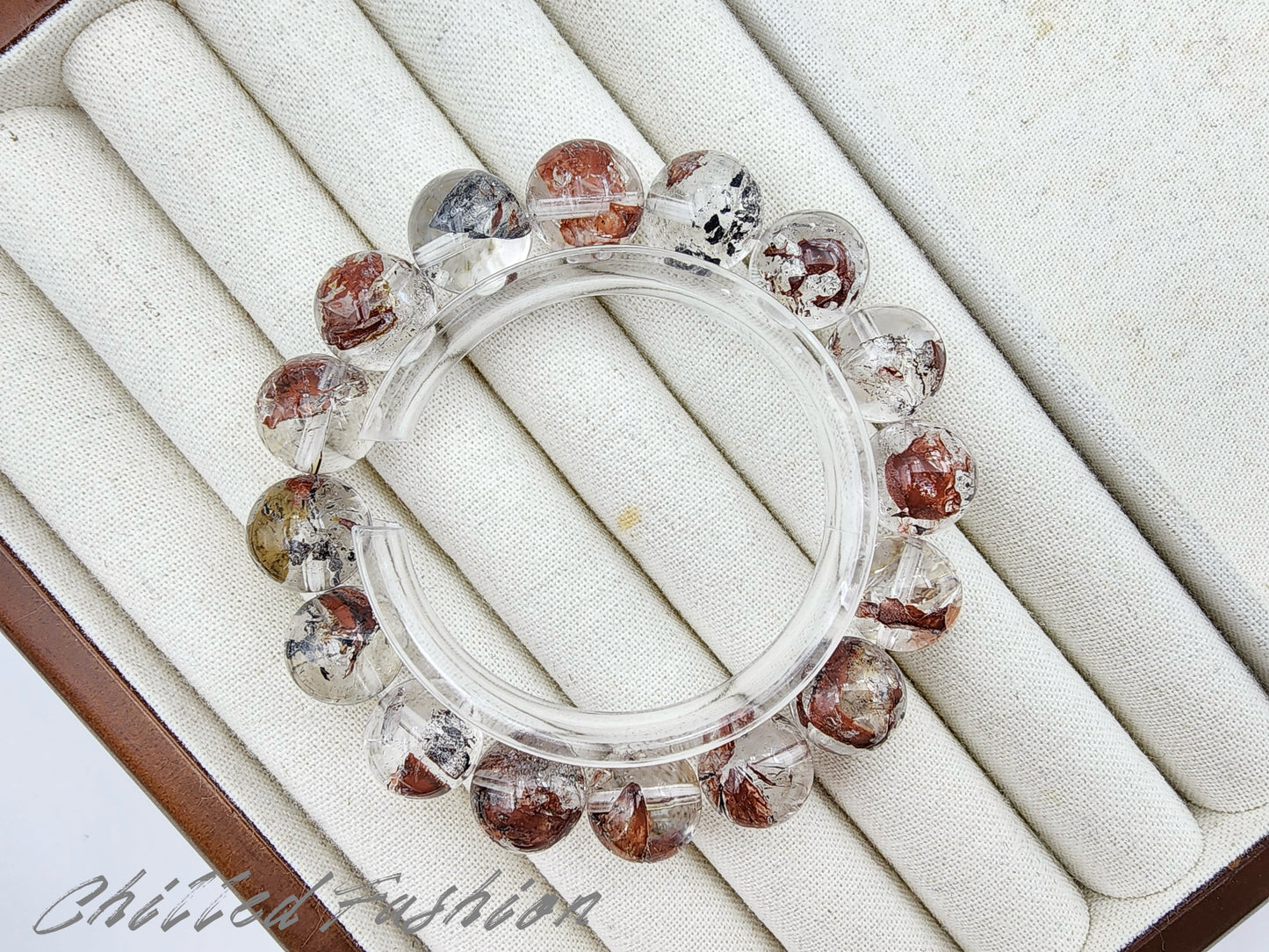 [Bracelet] 13mm Red Clay Skeletal Herkimer Quartz Bracelet (Madagascar)