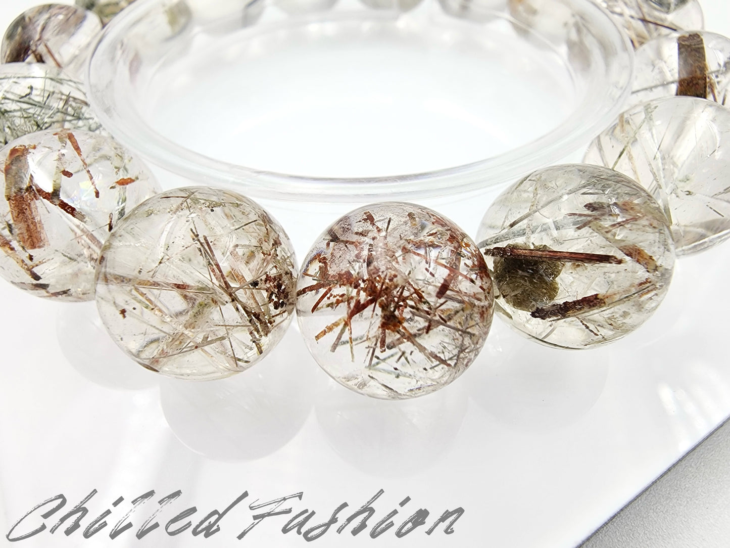 [Bracelet] 15mm Colorful Snow Frost Rutilated Quartz Bracelet