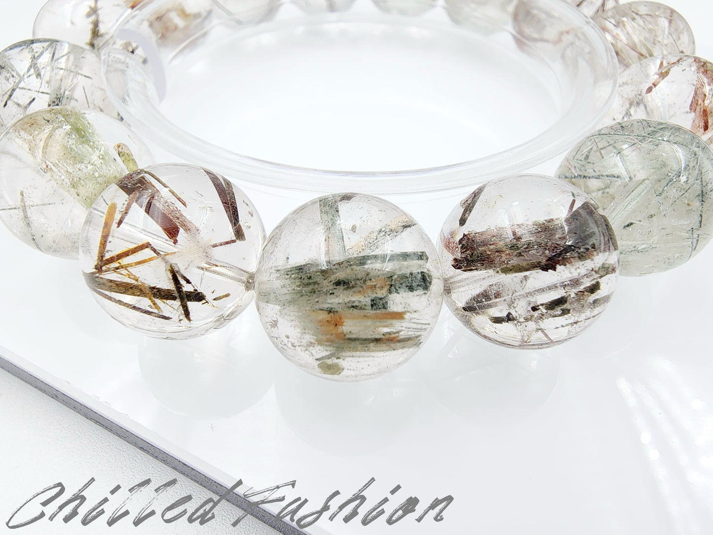 [Bracelet] 15mm Colorful Snow Frost Rutilated Quartz Bracelet