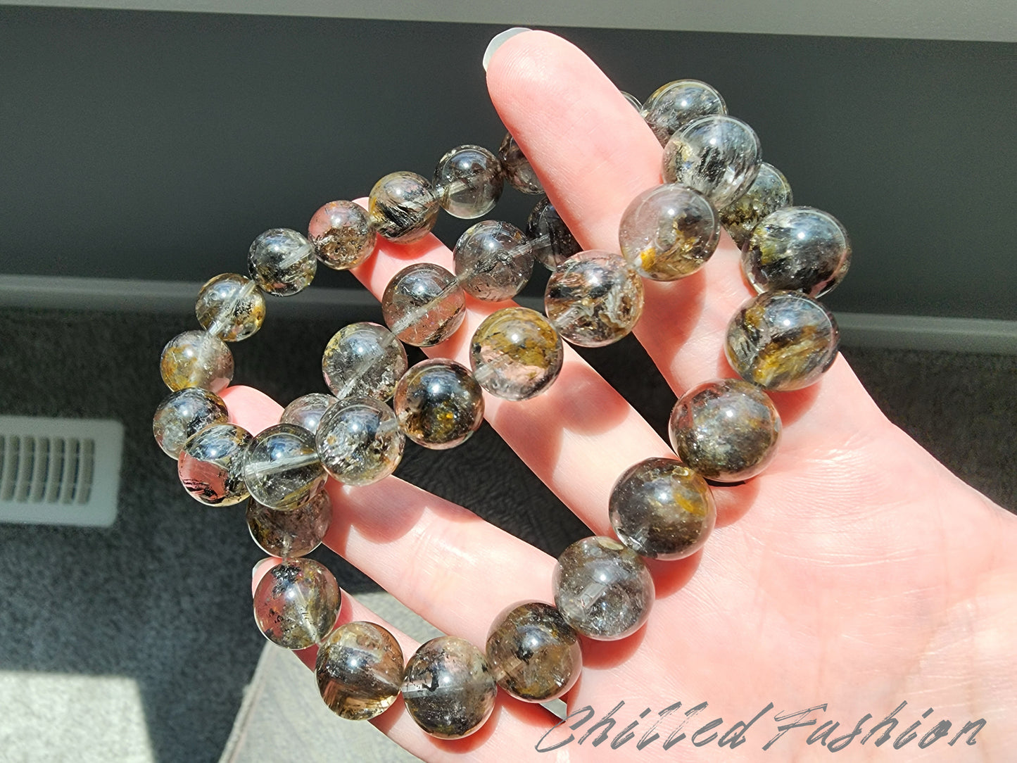 [Bracelet] Skeletal Herkimer Quartz Bracelet with Oil & Yellow Clay Inclusions (Pakistan)