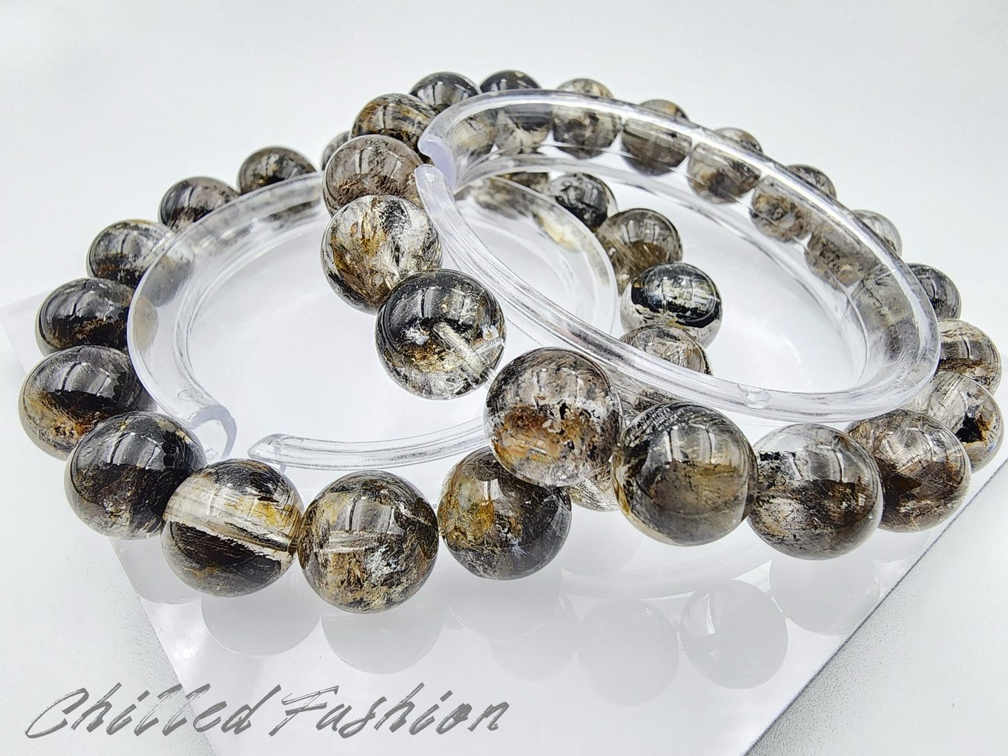 [Bracelet] Skeletal Herkimer Quartz Bracelet with Oil & Yellow Clay Inclusions (Pakistan)