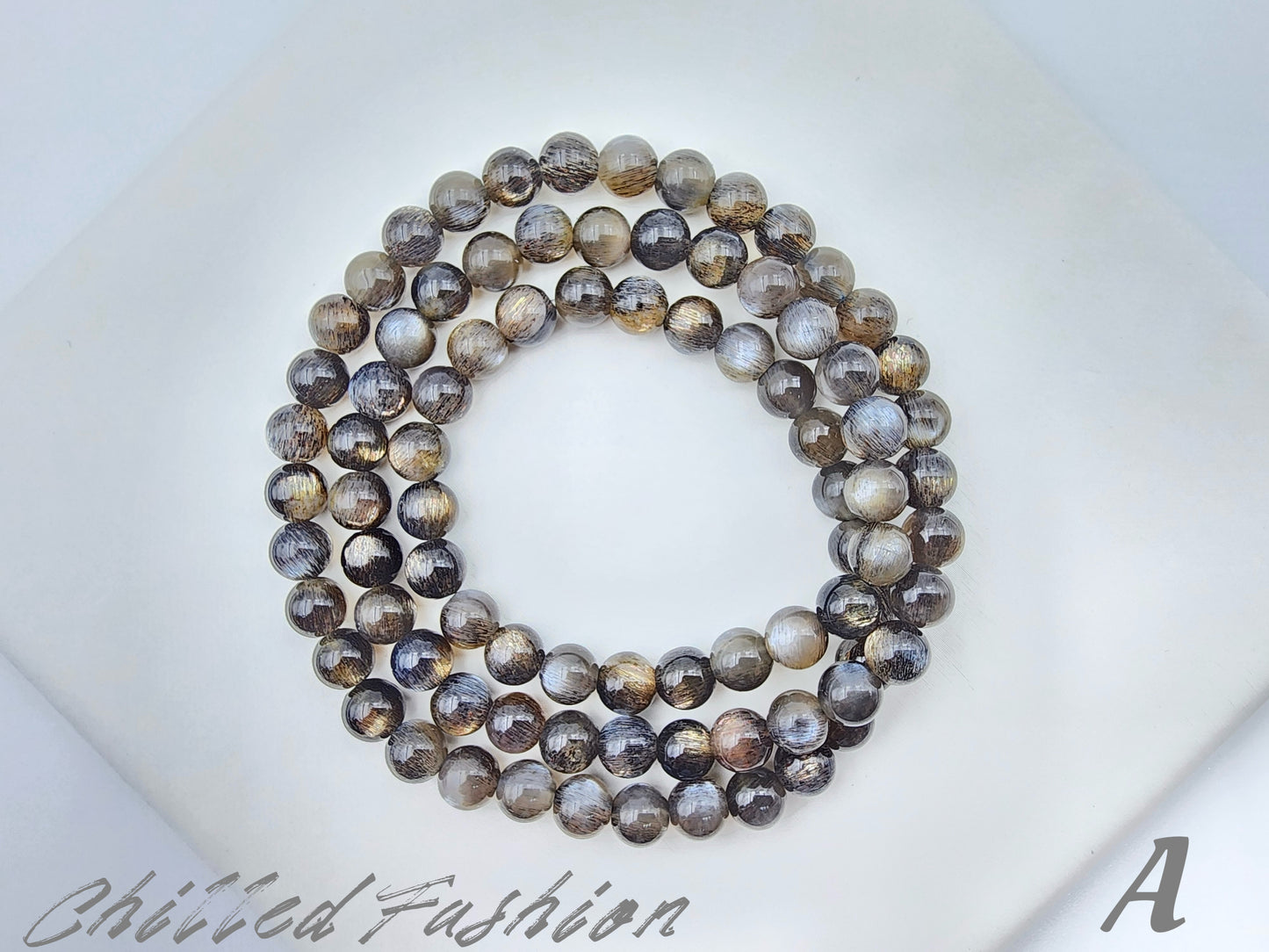 [Bracelet] 6mm Natural Black Gold Skeletal Sunstone Triple Wrap Bracelet