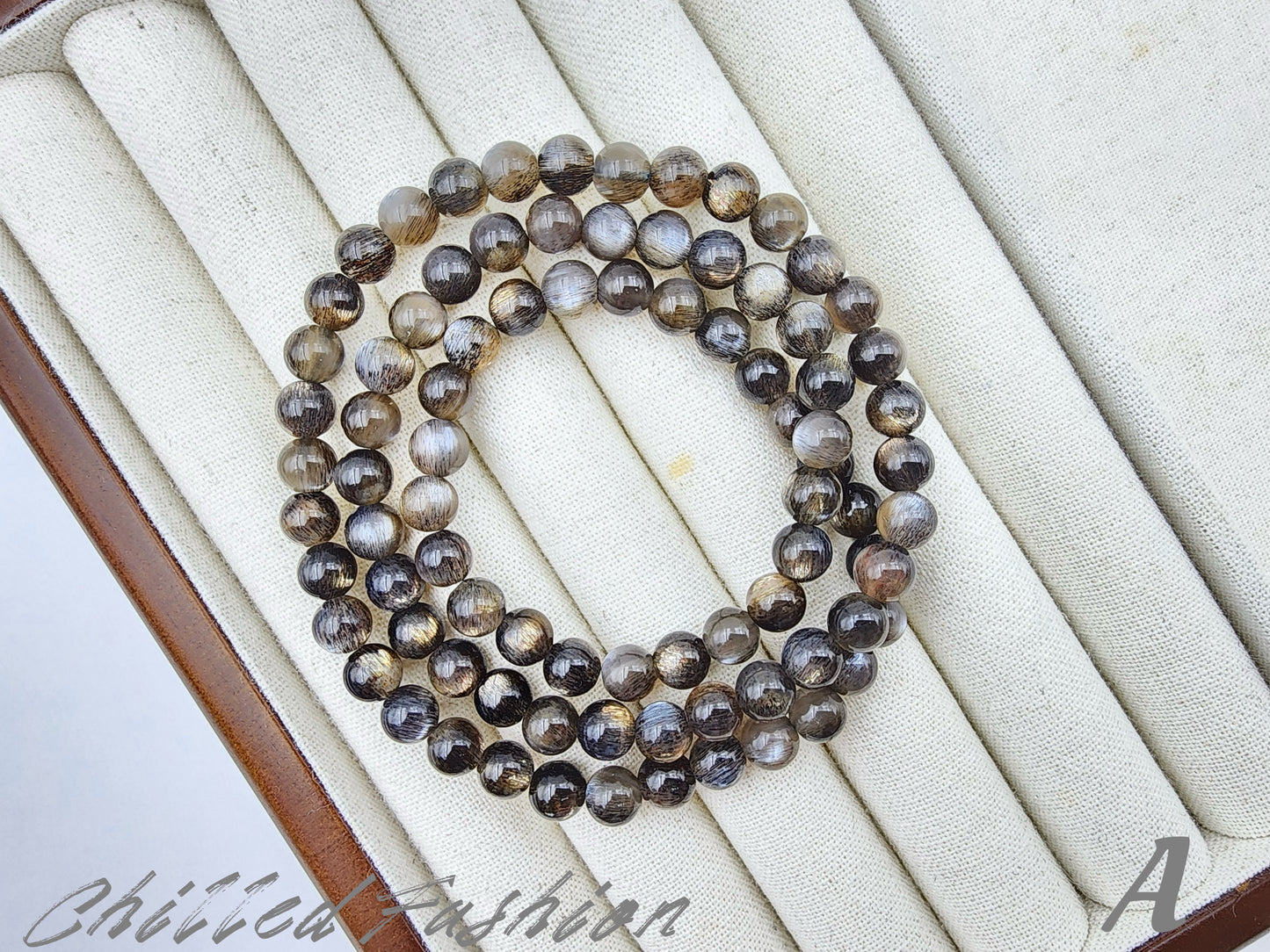 [Bracelet] 6mm Natural Black Gold Skeletal Sunstone Triple Wrap Bracelet