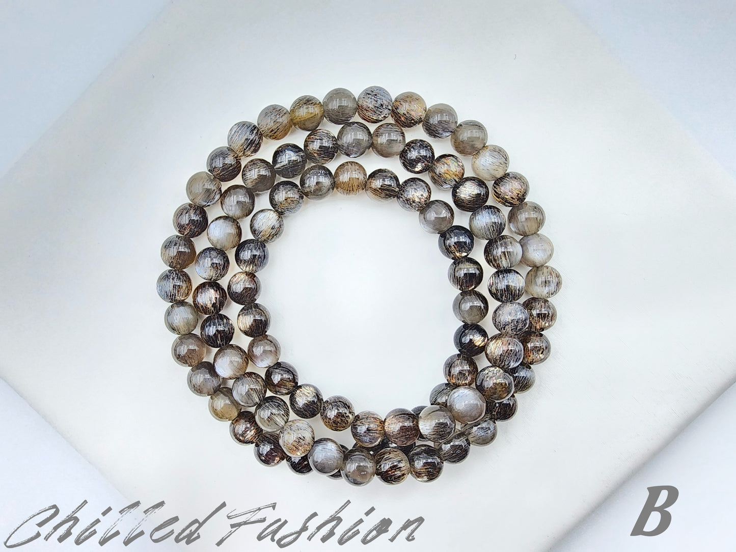 [Bracelet] 6mm Natural Black Gold Skeletal Sunstone Triple Wrap Bracelet