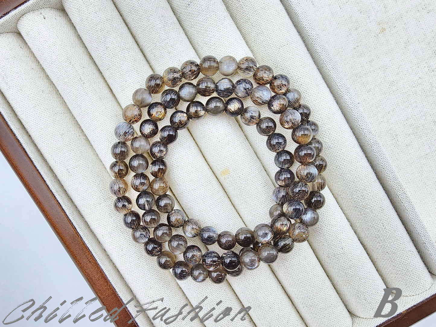 [Bracelet] 6mm Natural Black Gold Skeletal Sunstone Triple Wrap Bracelet